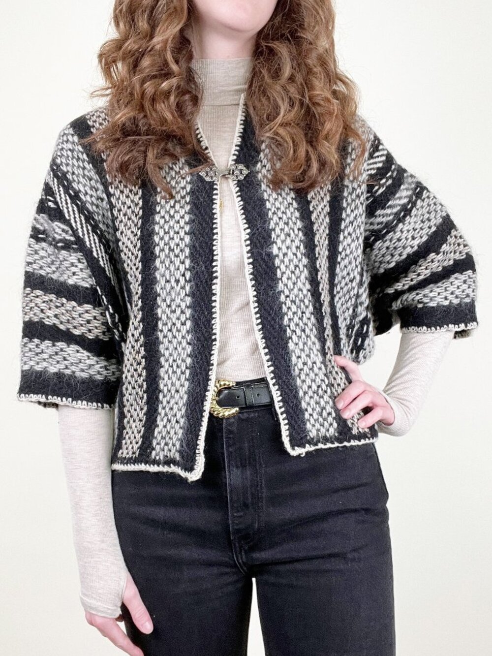 Vintage Hand Woven Cardigan Cape Sweater Cropped Handmade Folk Art Crop 70s 80s